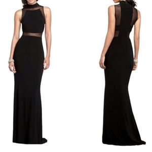 Betsy & Adam black high neck illusion gown